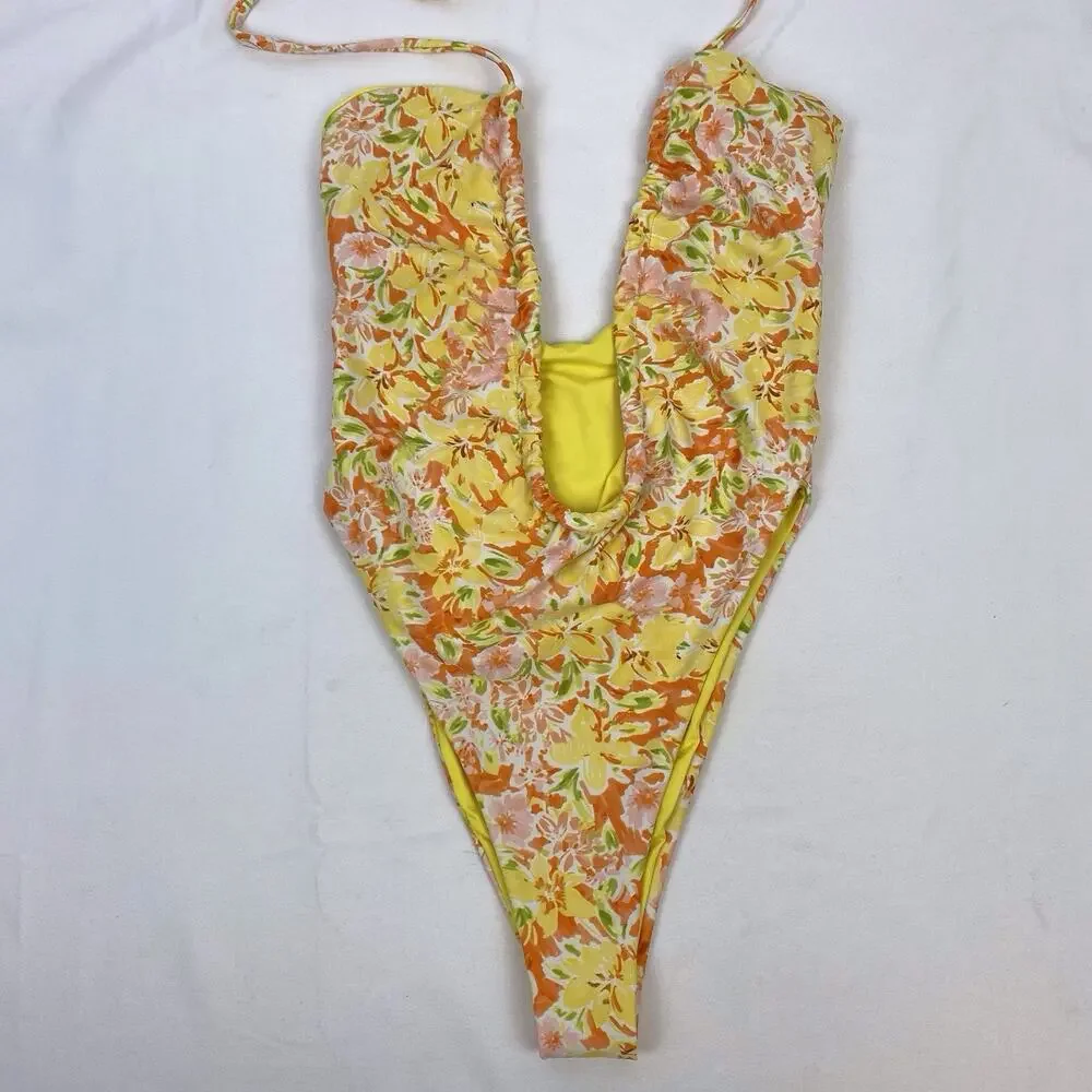 Princess Polly Fern One Piece Swimsuit Yellow Floral Halter High Cut Size 4